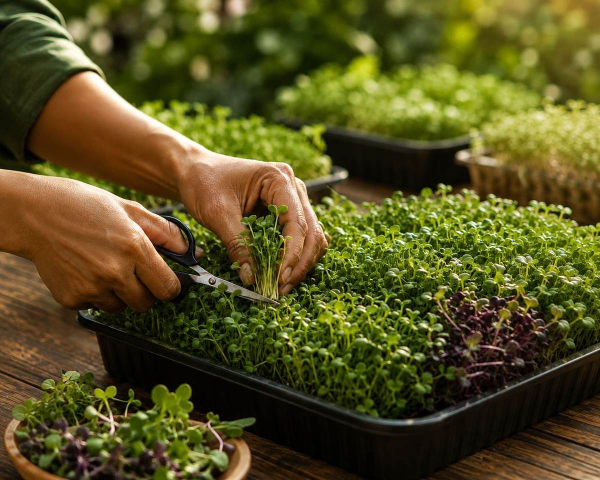 Trays of fresh microgreens ready for harvest